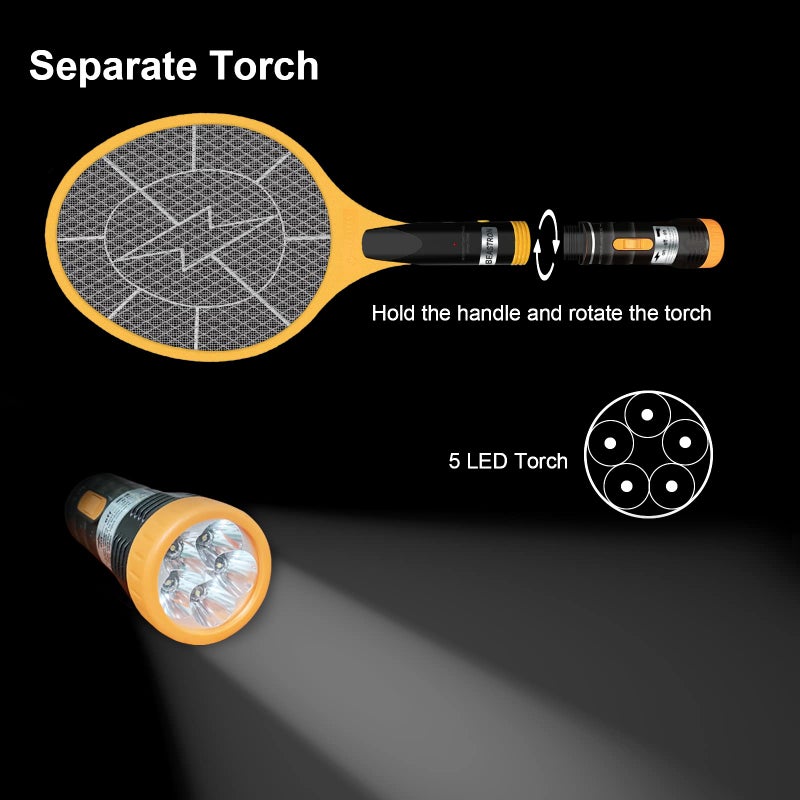 Beastron مضرب ذباب كهربائي بيستران 3000 فولت قابل لإعادة الشحن عبر USB، مضرب قاتل للبعوض مع 5 مصابيح LED وشبكة ثلاثية الطبقات (حجم كبير)، أصفر - Image 2